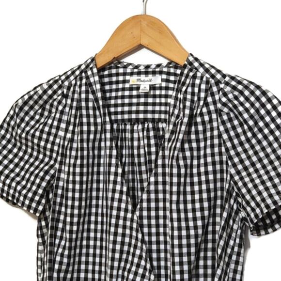 Madewell V Neck Short Sleeve Faux Wrap Front Tie Gingham Top Size XS - Picture 3 of 15